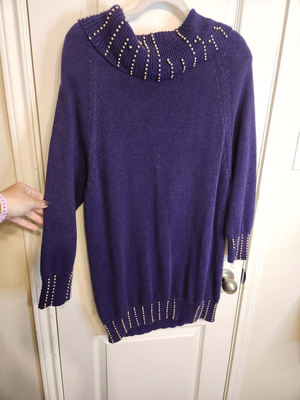 90s Y2K Vintage Purple Beaded Cowl Neck Tunic Sweater - Picture 12 of 14